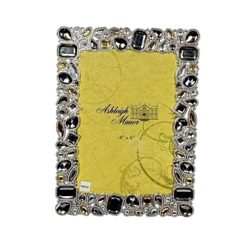 Ashleigh Manor Jeweled Photo Frame Metal Pewter Gemstone 4”x6” Silver Gray
